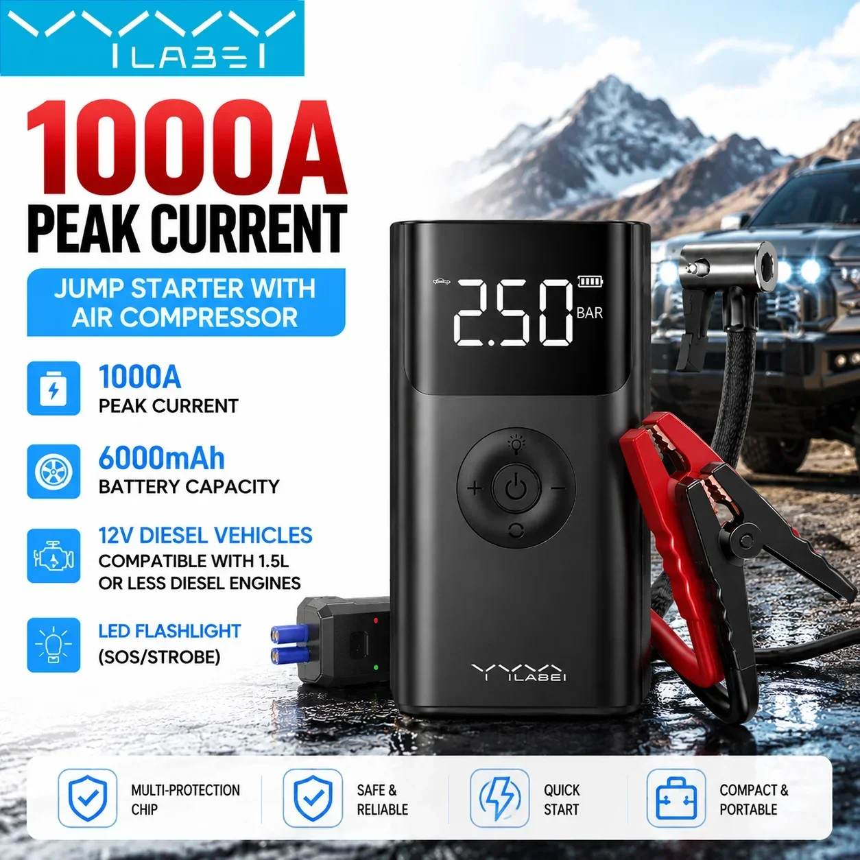 4 In 1 Car Jump Starter 12V 1000A with Air Pump LED SOS Light High Precision Air Compressor for Car Motorcycle Bicycle PowerBank