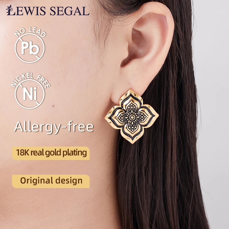 LEWIS SEGAL Vintage Earrings for Women Medieval Style Jewelry 4-petal flowers Shaped 18K Gold Plated