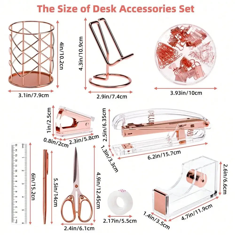 Rose Gold Desk Accessories, Office Supplies And Accessories Set, Acrylic Stapler Set, Staple Remover, Phone Holder, Pen Holder,
