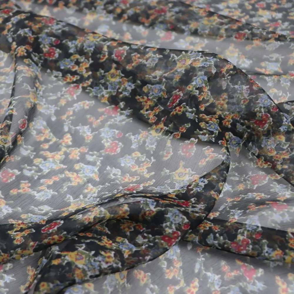 Black Base Small Floral Silk Crepe Chiffon Fabric for Lady Gentleman Evening Dress Apparel Costume Tippet Saree Skirt Girl Hanfu