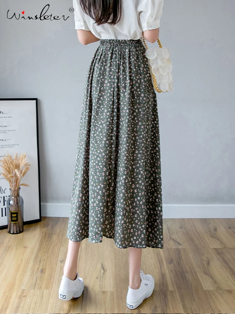 Fast Ship Green Floral Print Skirts Women Vintage Elastic High Waist Midi Skirt Comfortable Summer Holiday Skirt B04910B