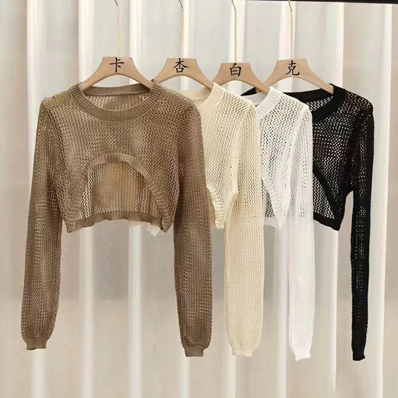 Women Crochet Knit Hollow Out Crop Top Long Flared Sleeve Shrug Sweater Mesh Cover Ups Cardigan Streetwear Pullover  Shirt