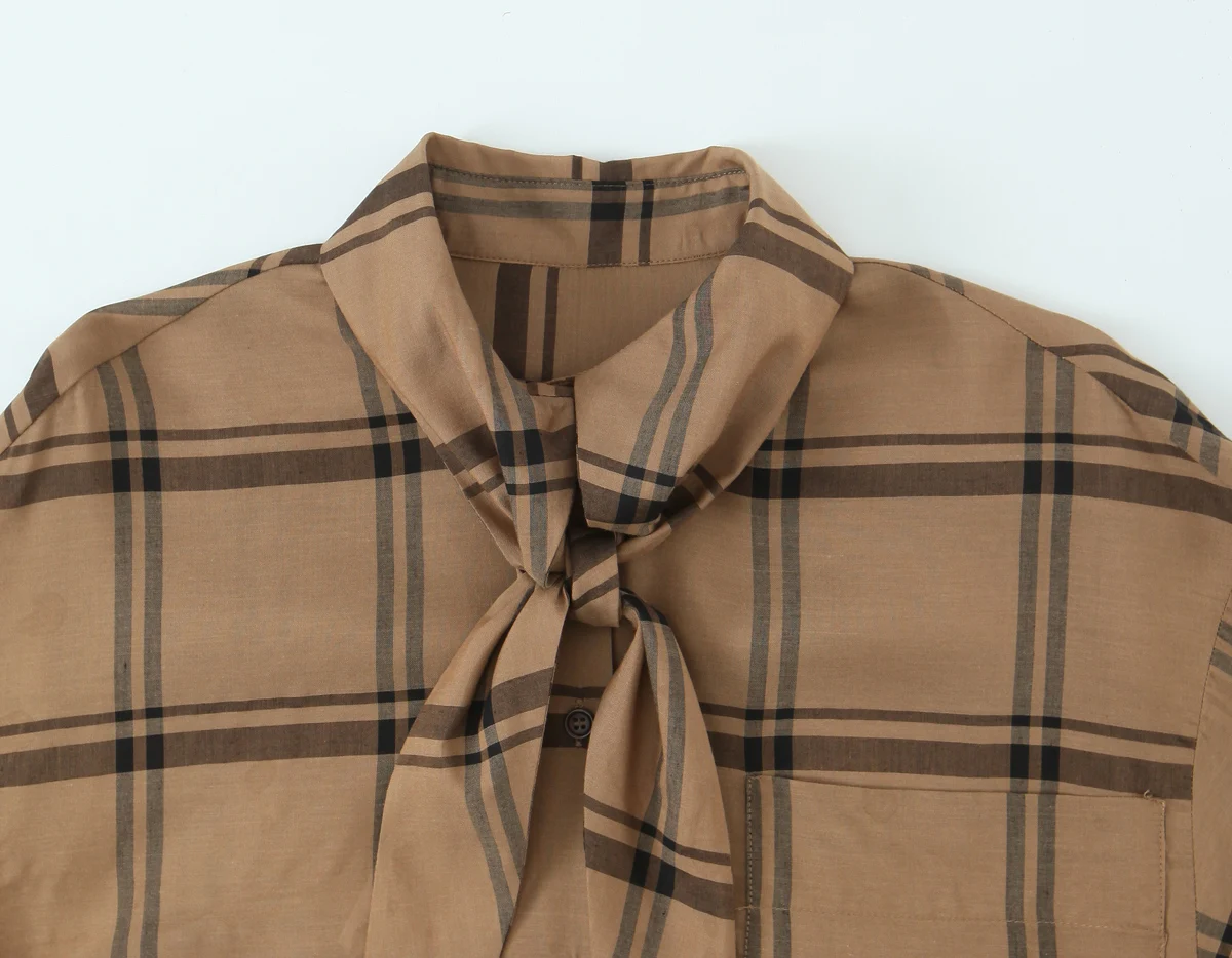 Camicia a quadri di nuovo arrivo autunno 2025 per donna Camicia a quadri stile sciarpa con colletto a maniche lunghe casual semplice moda retrò