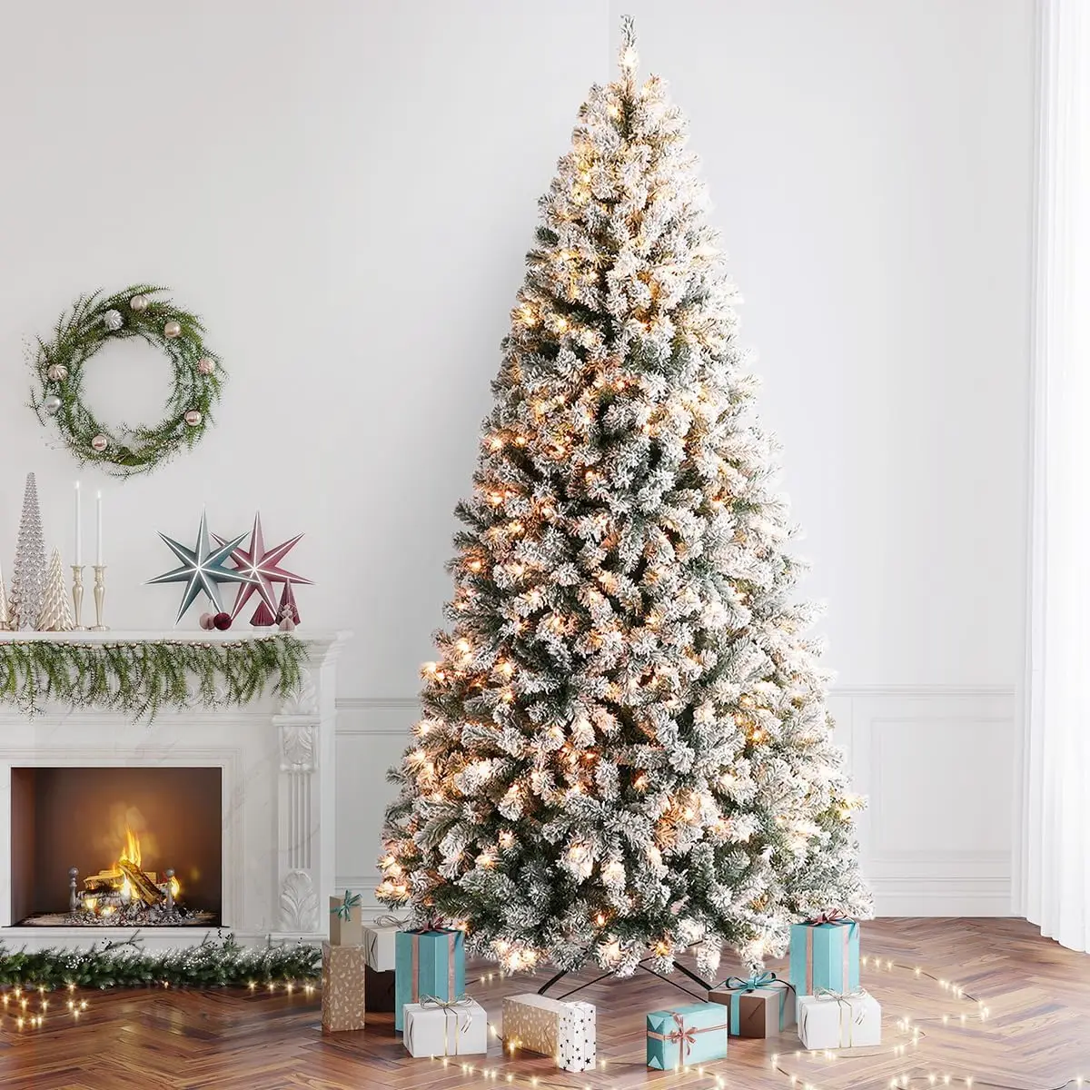 

7.5ft Prelit Snow Flocked Artificial Christmas Pine Tree for Holiday Party Decoration 500 Warm White Lights, Metal Hinges & Base