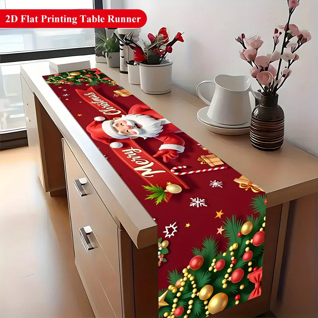 1pc 2D Flat Table Runner, Merry Christmas Celebration Printed Rectangle Table Runner, Decor for Dining Table, Coffee Table