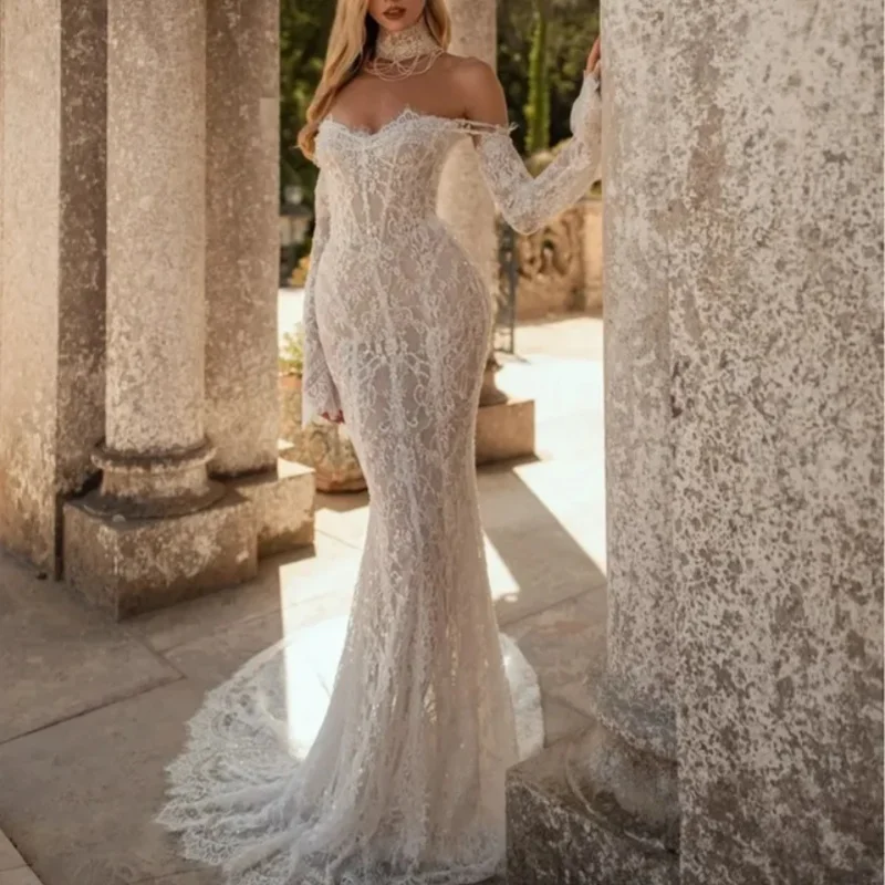 Shiny Lace ivory Appliques Wedding Dresses of fishtail long sleeves decal Bridal Gowns Made Customized