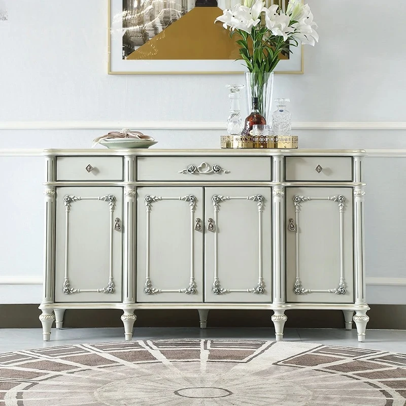 

French light luxury solid wood carving flower dining side cabinet European retro villa wall locker