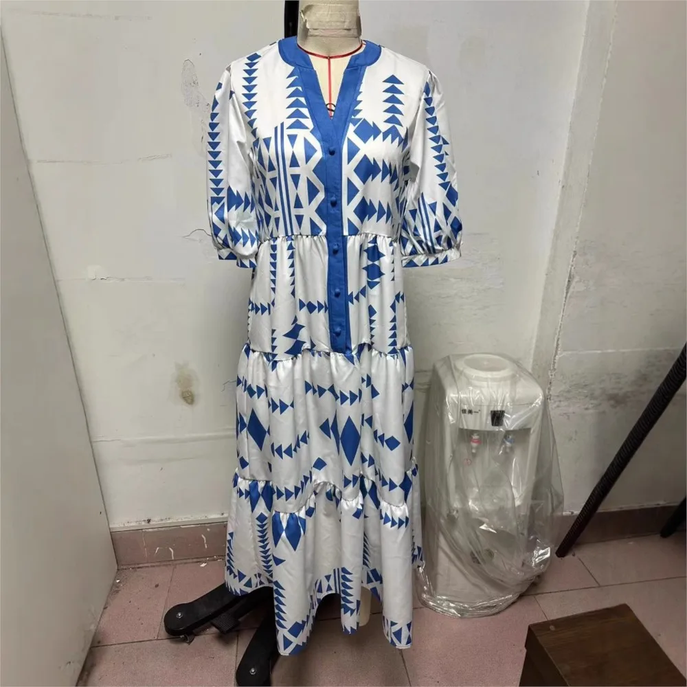 Vestidos holgados con estampado de verano para mujer, camisa con cuello en V y botones, vestido informal de playa elegante de manga corta para mujer 2025