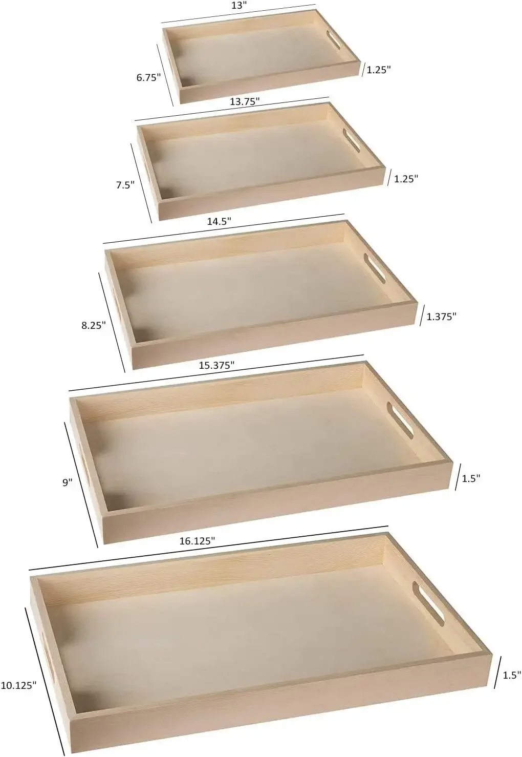Wooden Serving Tray with Handles - Five Piece Nested Breakfast Tray - Case of 10 Sets, 50 Trays Total - Wood Crafts Trays