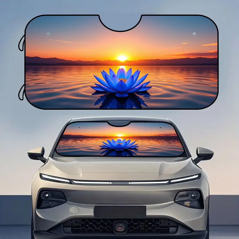 

1pc, Sunset For Lotus Lake Reflection Print Windshield Sunshade, Foldable Car Visor With Suction Cups, Ideal For Parking In Mall