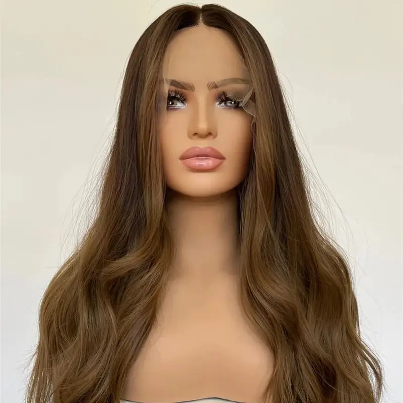 Party Wig Ombre Light Brunette Brown Balayage Luxury Synthetic Lace Front Wig Soft Glueless Wig Realistic Look Natural Hairline