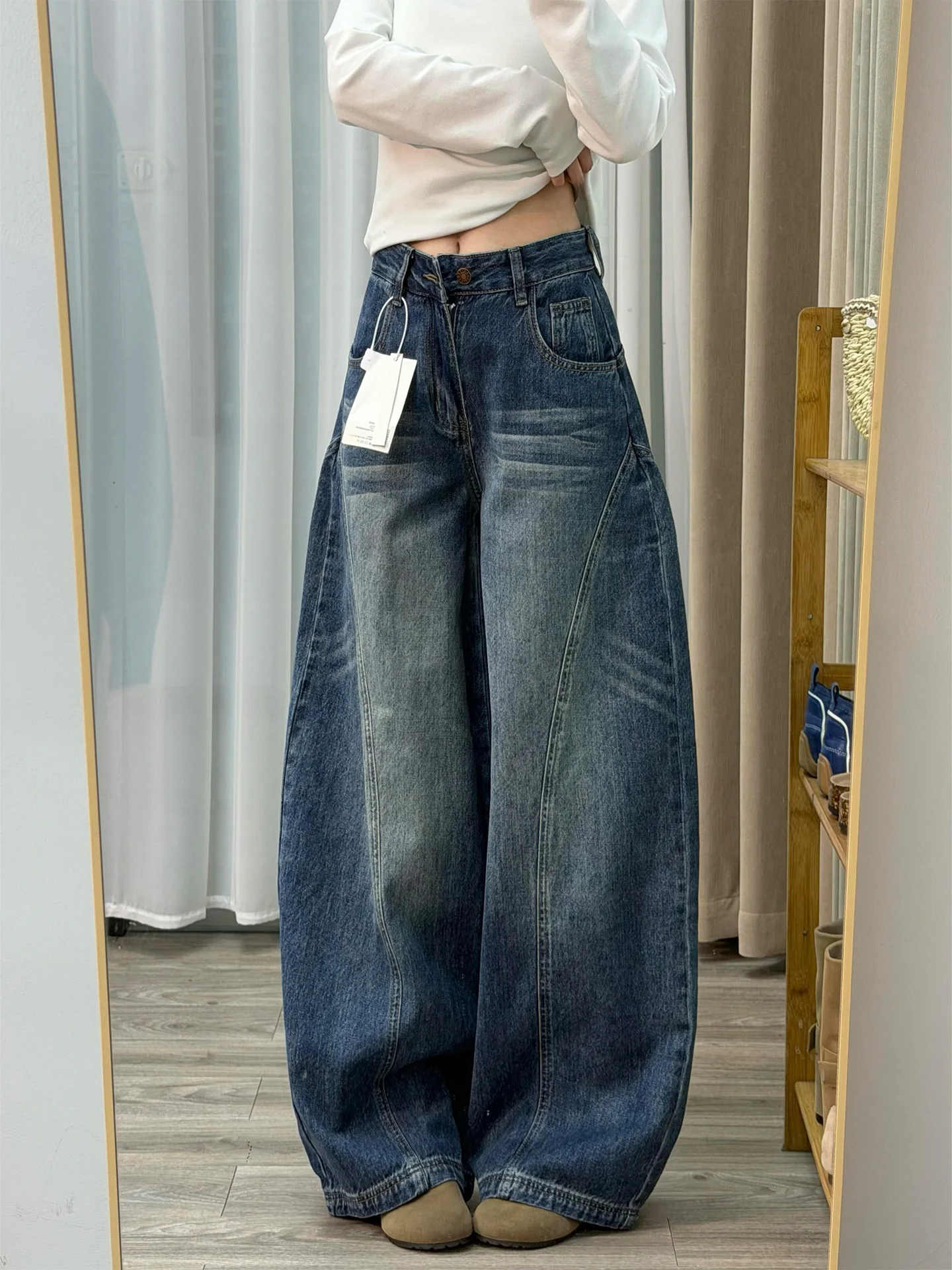 

Ретро джинсы BF Lazy Sle, укороченные, женские, весенние, новые, с высокой талией, в пол, широкие штанины, повседневные, в американском стиле