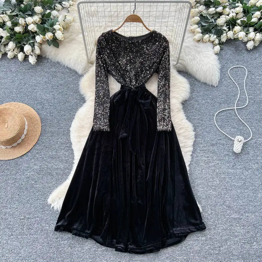 أنيقة خمر الترتر القطيفة طويلة الأكمام أنيقة الجنية الكورية أزياء الخريف فستان الشمس النساء الملابس