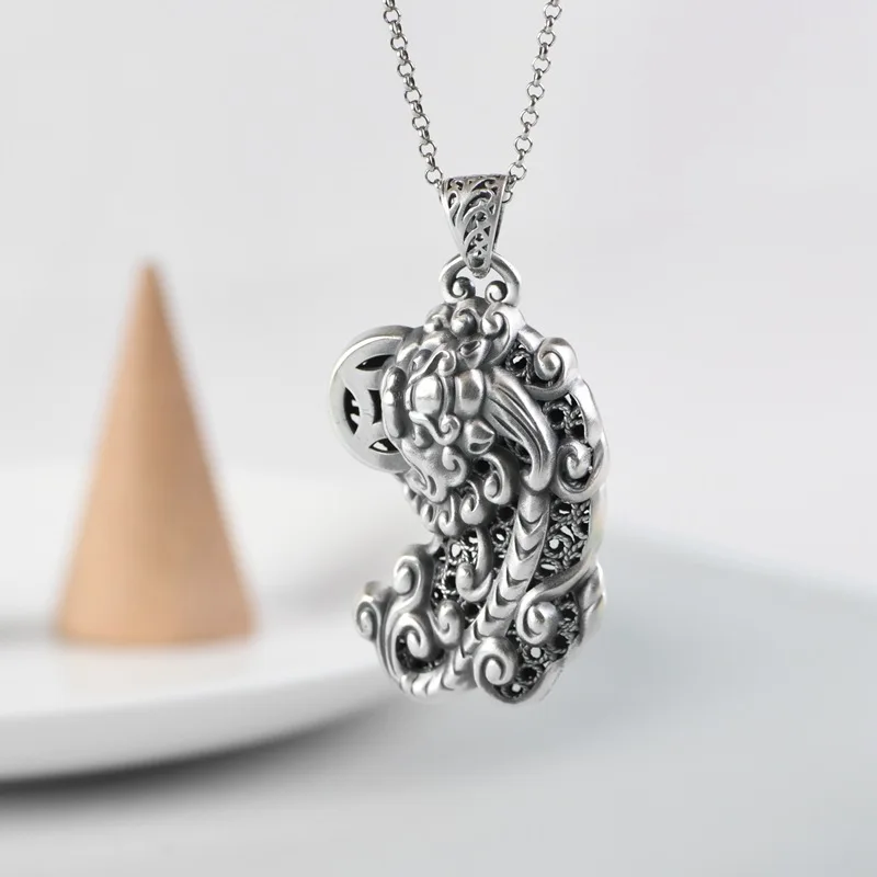 S999 Pure Silver Pixiu Ancient Coin Pattern Women's Sweater Pendant Retro Crafts Three-dimensional Hollow Design Jewelry