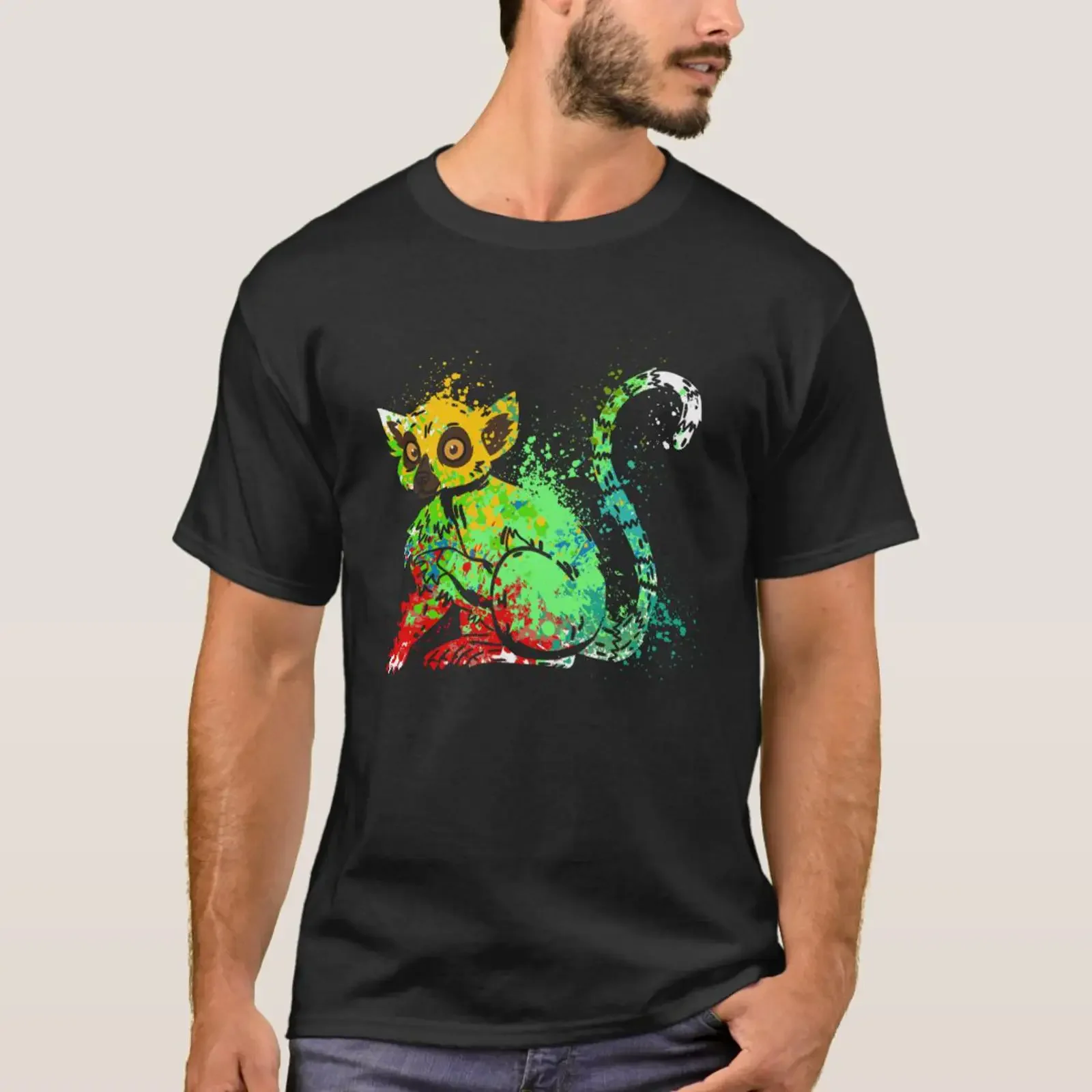 Splash Ring tailed Lemur Madagascar cute Lemurs T Shirt vintage Washed Breathable Soft graphic streetwear Versatile fashion