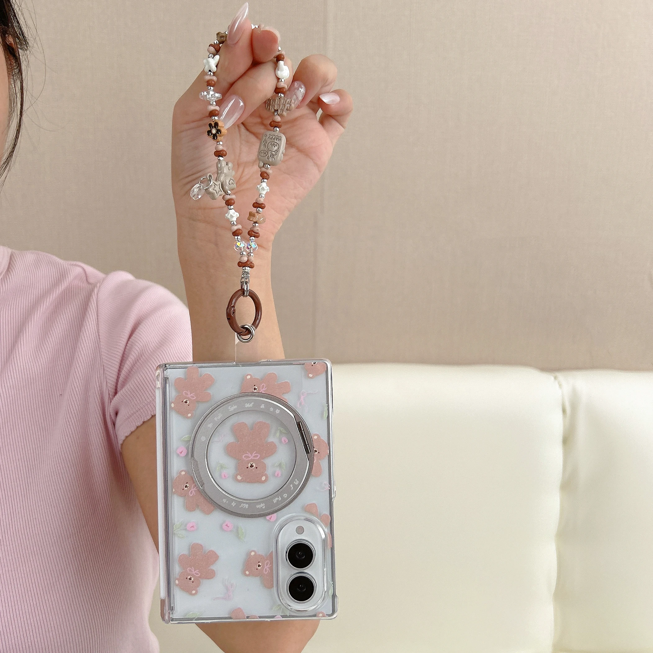 For Samsung Galaxy Z Fold 8 Kawaii Pink Ribbon Little Bear Flower Print Fold Cover With Magnetic Rotate Bracket Bead Lanyard
