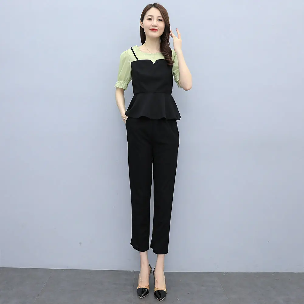 2022 Summer New Chiffon Stitching Pants Set Sexy Lace Ruffle Sleeve Top Casual Trousers Two-piece Set Office Tracksuit