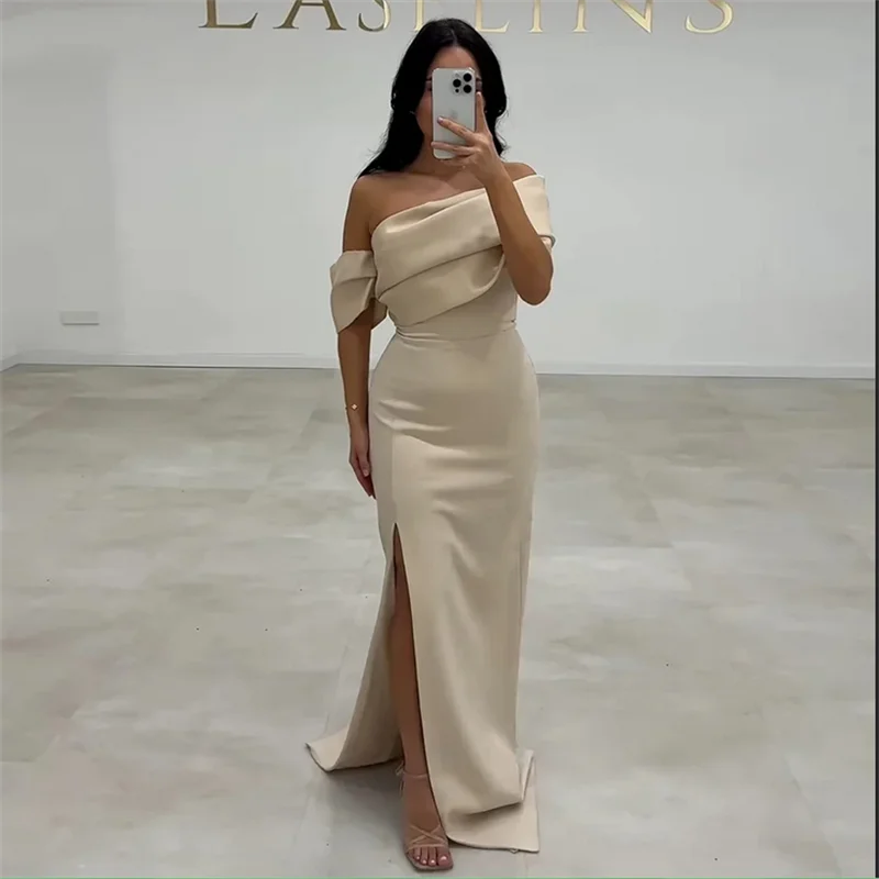 

Elegant Champagne Satin Bridesmaid Dresses Mermaid One Shoulder Side Slit Draped 2025 Wedding Party Prom Gowns Customized
