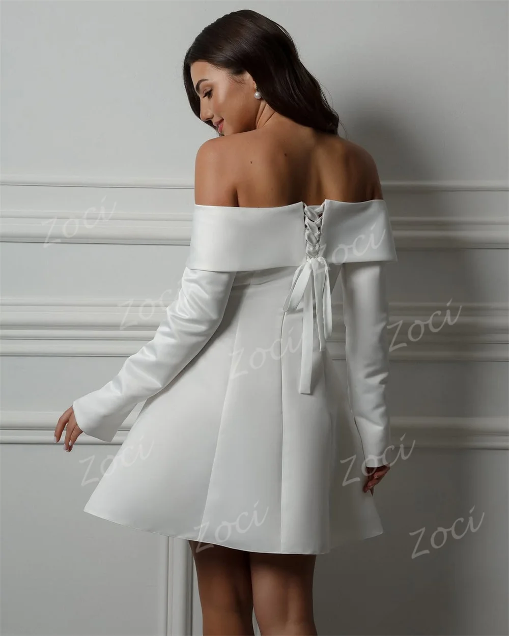 Zoci Simple Off The Shoulder Wedding Dress Women Short Satin Above Knee Long Sleeves Vestidos De Novia Customized