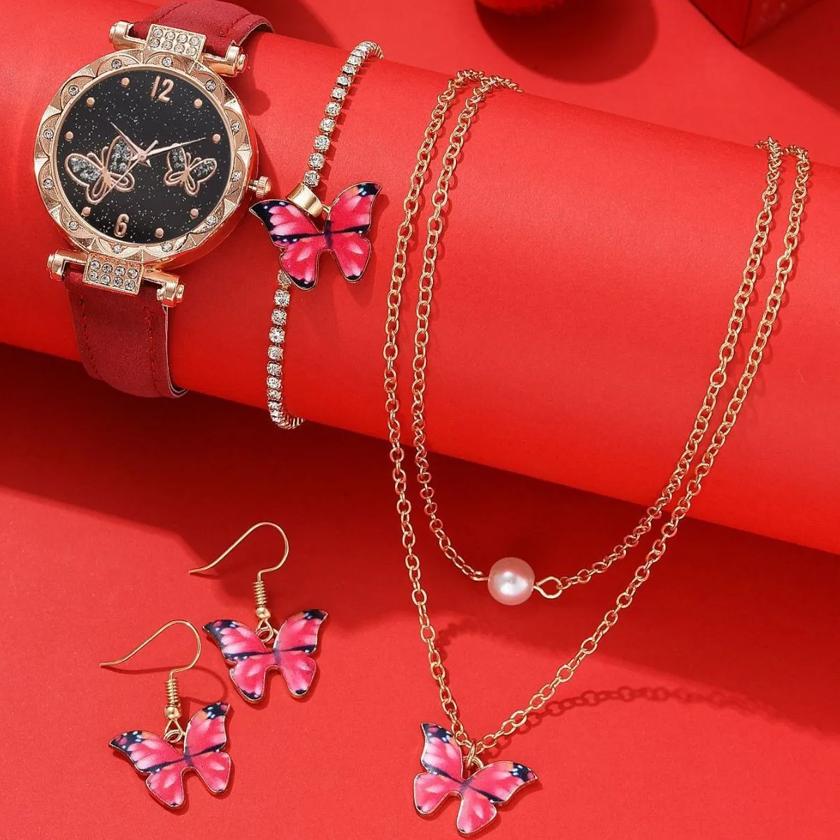 5PCs/set Fashion Butterfly Starry Sky Diamond Embedding Luxury Women's Belt Quartz Wristwatches Diamond Embedding Bracelet Set