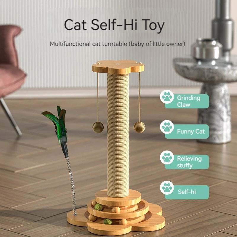 Sisal Scratching Post for Cat Solid Wood Turntable Funny Toy Balls Grab Column Training Supplies Pet Accessories