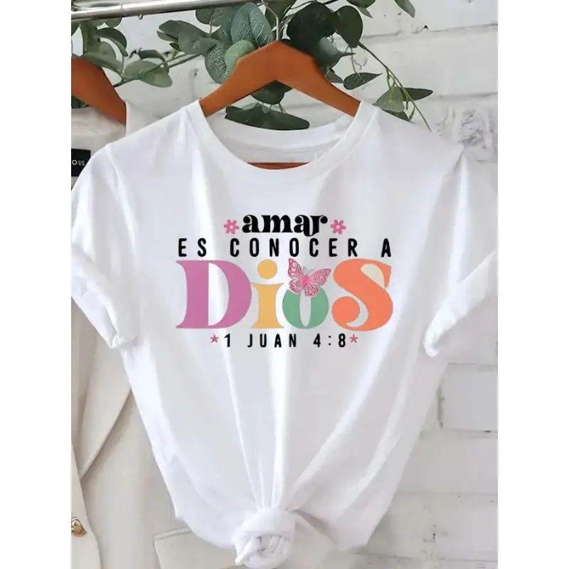 

Women Christian T-Shirt Spanish Bible Verse Amar Es Conocer A Dios Graphic Tee Faith Love Religious Print Casual Top Gift
