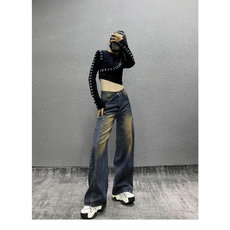 Women's Fall Loose Look Thin All The Wide Leg Pants High Appearance Level Handsome Side Nail Bead Design To Do Old Casual Jeans