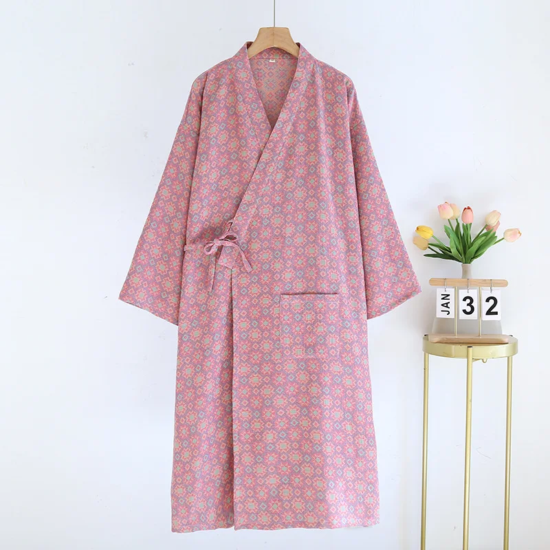 

Women Print Cotton Robe Autumn Sexy Bath Robe Ladies Sleepwear Gauze Sleepshirts Female Home Bathrobe