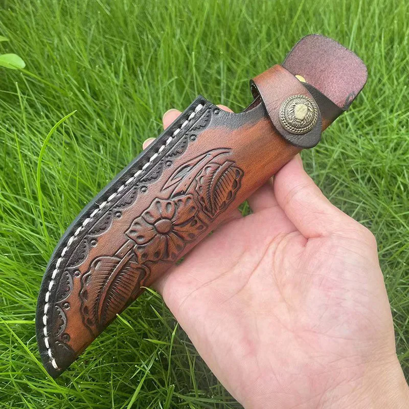 23.5 CM Fixed Blade Knife Holder First Layer Cowhide Lion Head Button Leather Cover Kitchen Knife Protective Cover Scabbard