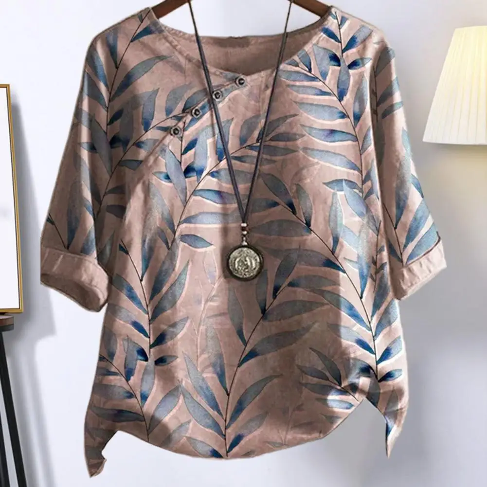 Dames Top Zachte Stretchy Vrouwen Top Stijlvolle Retro Blad Print Dames Zomer Shirt Met Knoop Detail Zacht Stretchy Voor Een