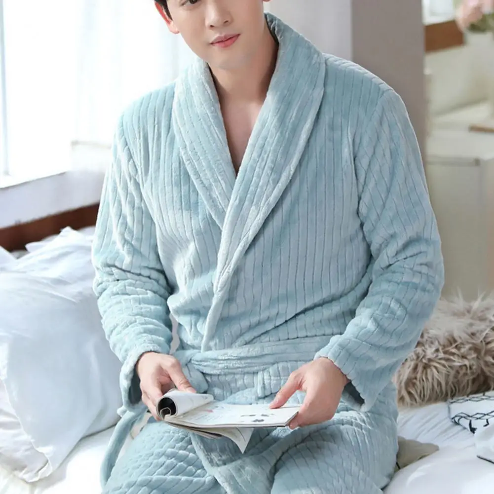 Men Winter Nightgown Thick Plush Unisex Coral Fleece Bathrobe Tie Waist Women Men Homewear Sleepwear Robe Bathrobe