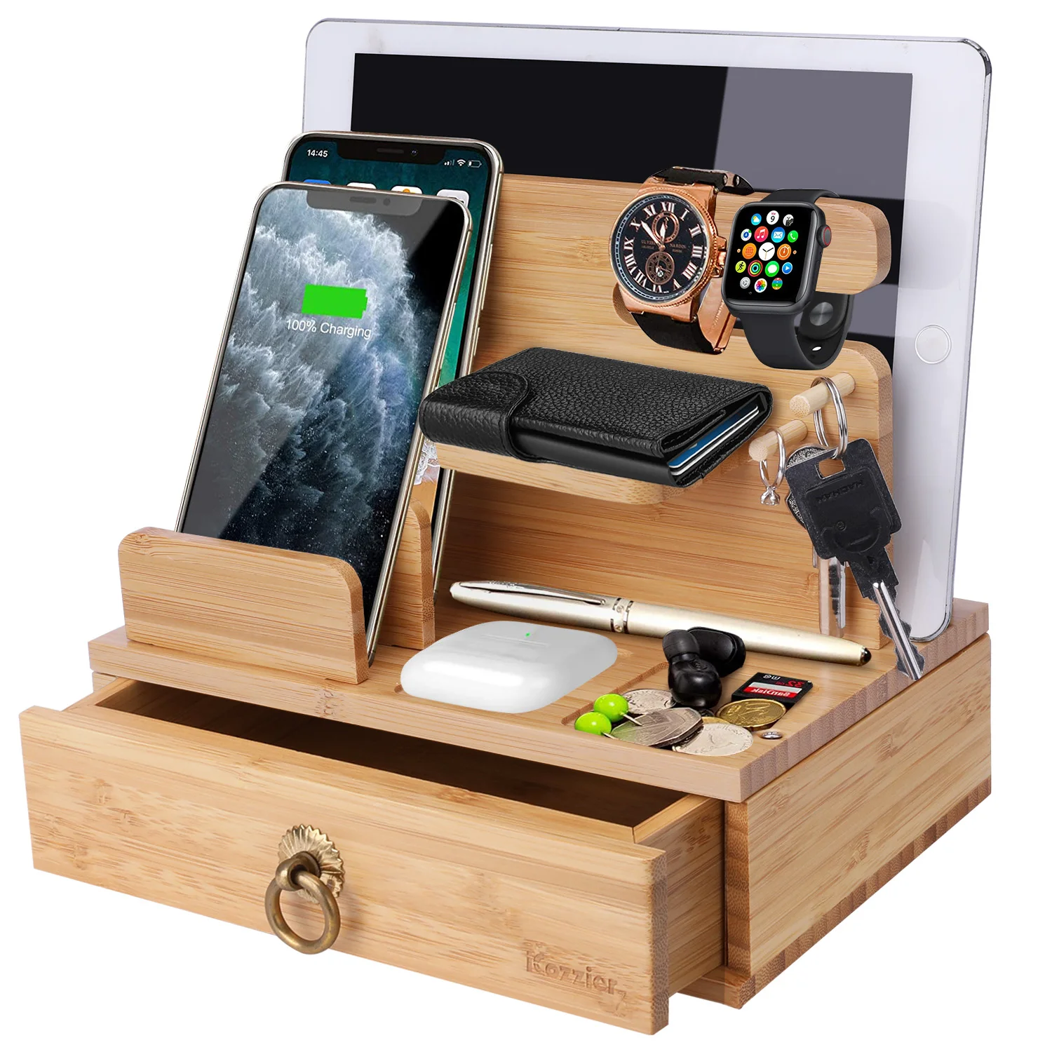 ICozzier Bamboo Multiple Device Desktop Charging Dock Station Watch Organizer Key Holder with Drawer for IWatch,AirPods,iPad,Sma