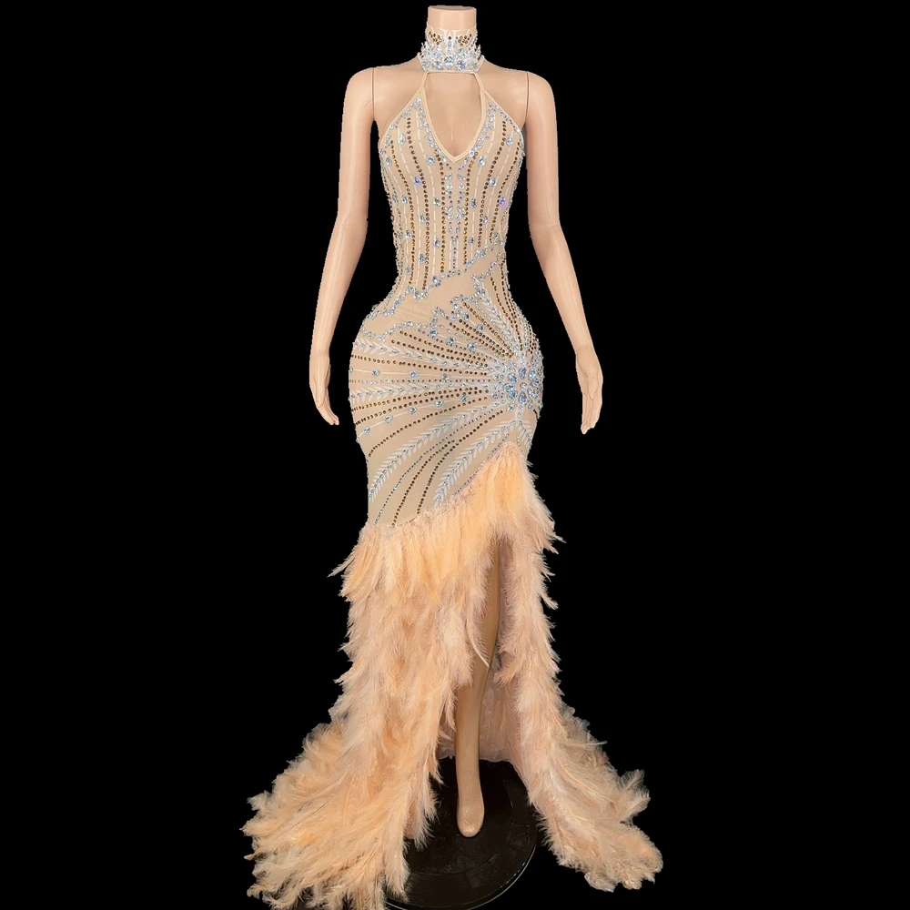 

Sparkly Rhinestones Long Feather Tailing Dress Women Evening Birthday Celebrate Dress Singer Show Stage Costume Photo Shoot Wear