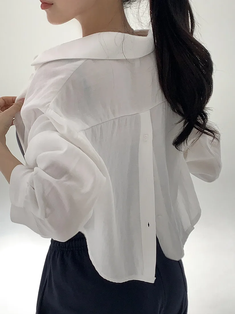 

Chic Casual ort Length Sun Protection irt Ba Button Open Split Thin Loose Sle Quali Design Sense Women's Ne ...