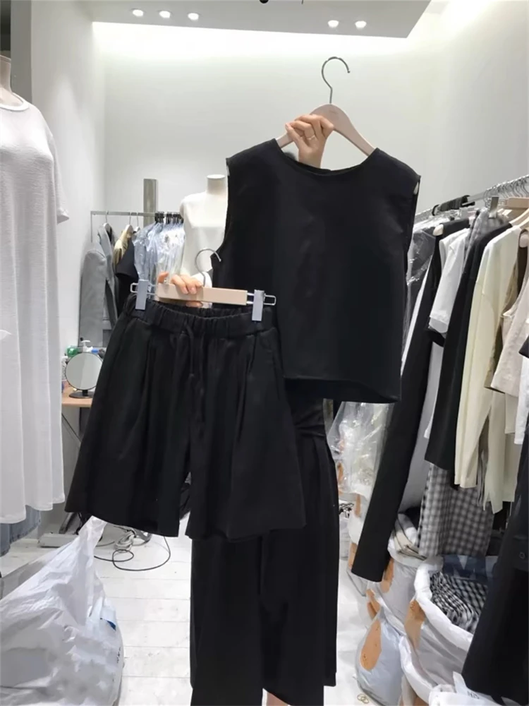 2024 Oversize Solid Girls Summer Blouse Women Suit Short Sleeves Shirt Tops High Waist Wide Leg Trousers Two Piece Shorts Suits