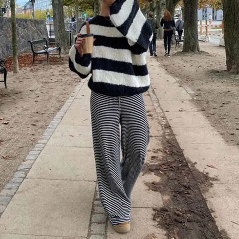 السراويل النسائية كل موسم واسعة الساق السراويل اليومية عارضة K-نمط ممزق مخطط السراويل امرأة الخصر الطبيعي كامل طول #6