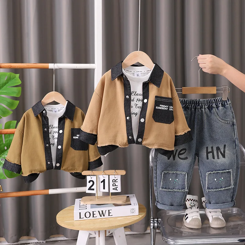 

2025 Autumn Fall Boys Jacket Set 3-Piece Denim Shirts + T Shirts+Pants Outfit Trendy Toddler Casual Cotton Blend Streetwear