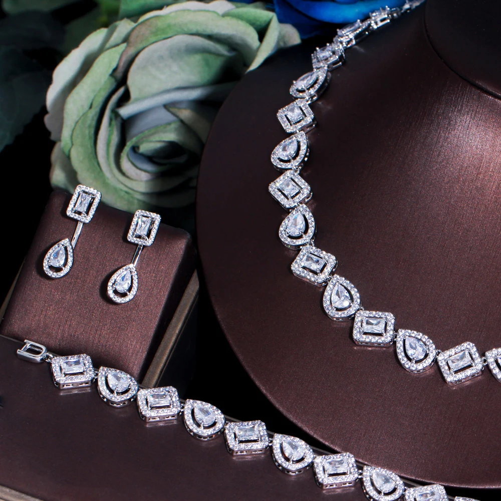 

ThreeGraces, 4 шт., элегантный блестящий браслет с кубическим цирконием, серьги, кольцо, ожерелье, комплект ювелирных изделий для свадебной вечеринки для женщин TZ672