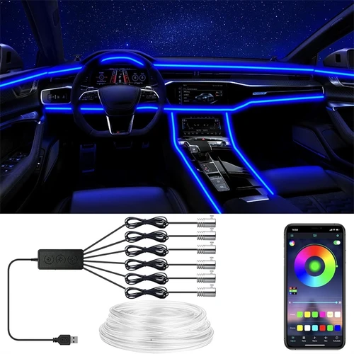 Luces de alambre EL flexibles con Control por aplicación, tira de luces de ambiente, lámparas decorativas, tira Led RGB de neón para Interior de coche de 12V