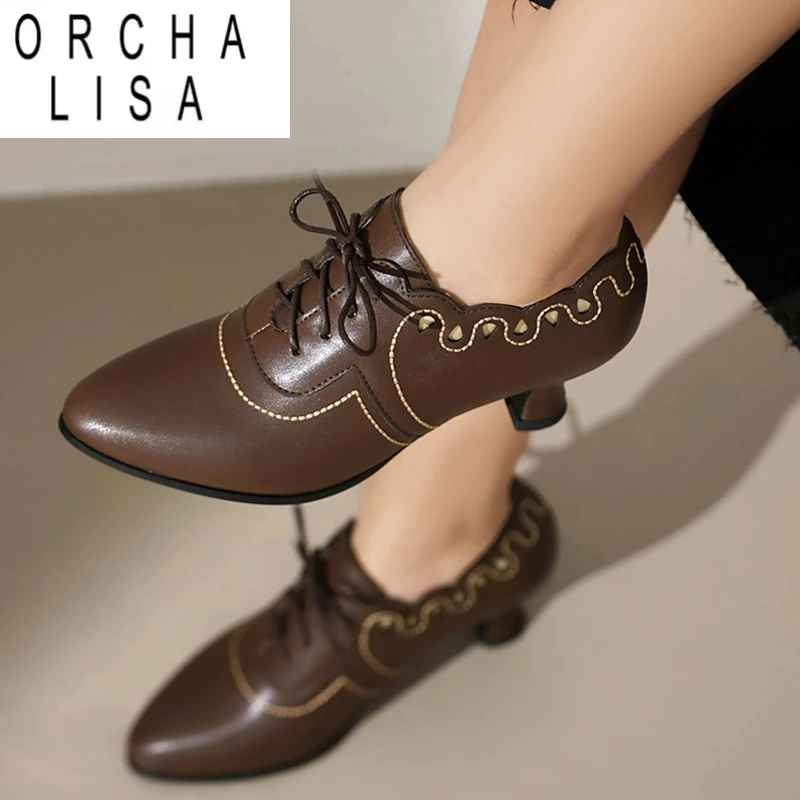

ORCHA LISA Новые весенние винтажные женские туфли-лодочки с вырезом, круглый носок, маленькие каблуки 3 см, шнуровка с ремешком, большой размер 42 43 US12, черные, коричневые