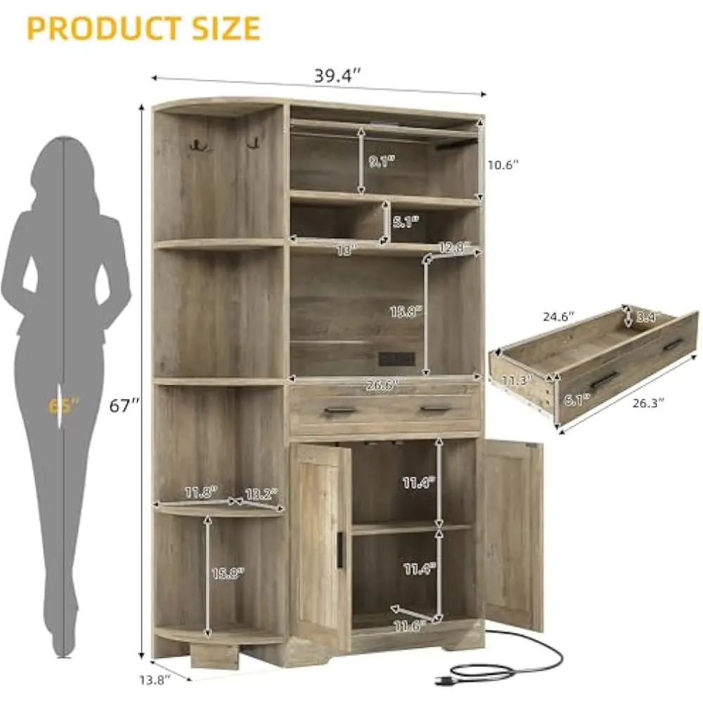 Mobiletto per dispensa da cucina da 67", scaffale per panettiere con armadietto portaoggetti, bar con stazione di ricarica, credenza per buffet