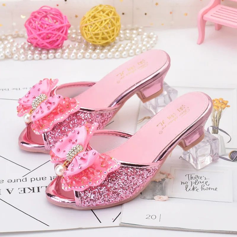 Girls High-heeled Sandal Slippers Children\'s Slippers Bow Pearl Kids Crystal Drill Princess Wedding Party Performance Slippers