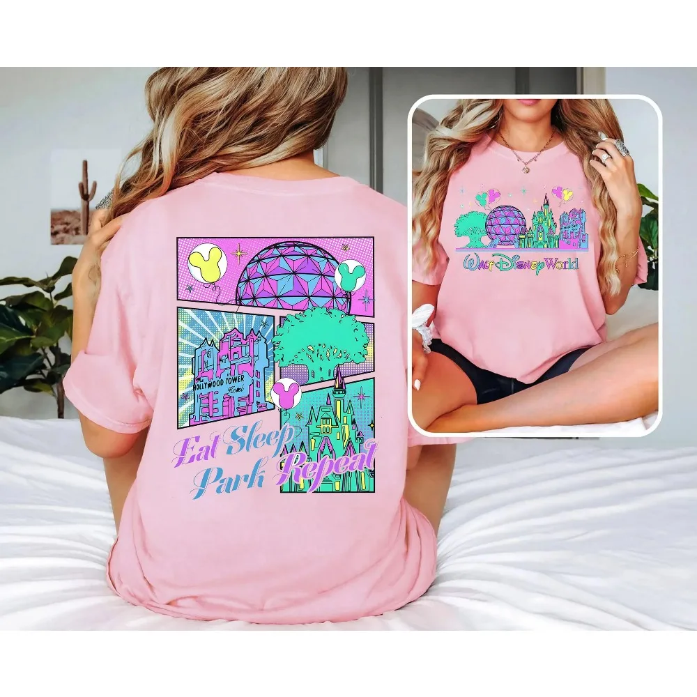 قميص برسومات Magic Kingdom Epcot Animal Kingdom، تي شيرت Disney Eat Sleep Park Repeat، قميص Walt Disney World Trip Kit
