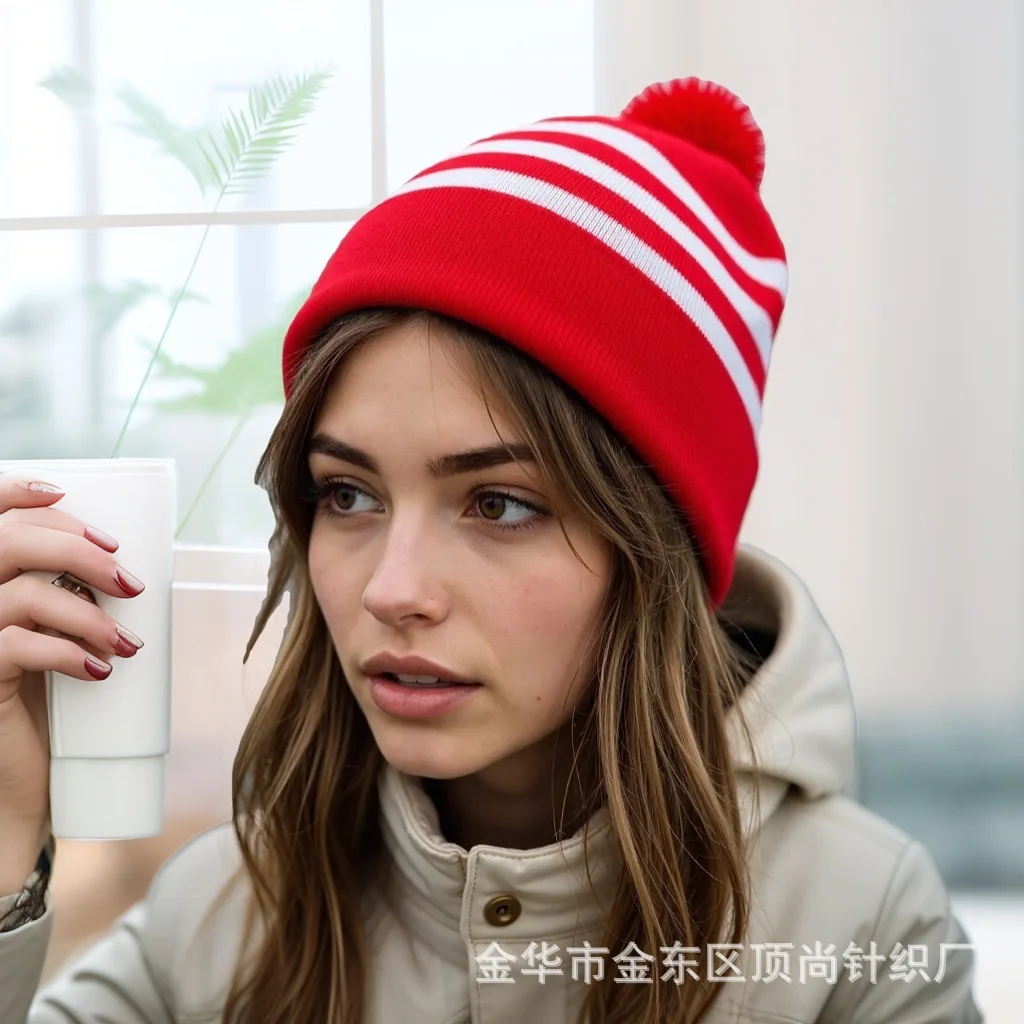 

Christmas Hat Red White Hat Striped Knitted Hat Color Blocked Woolen Hat Halloween Brimless Hat Woolen Ball Red Hat 4m853