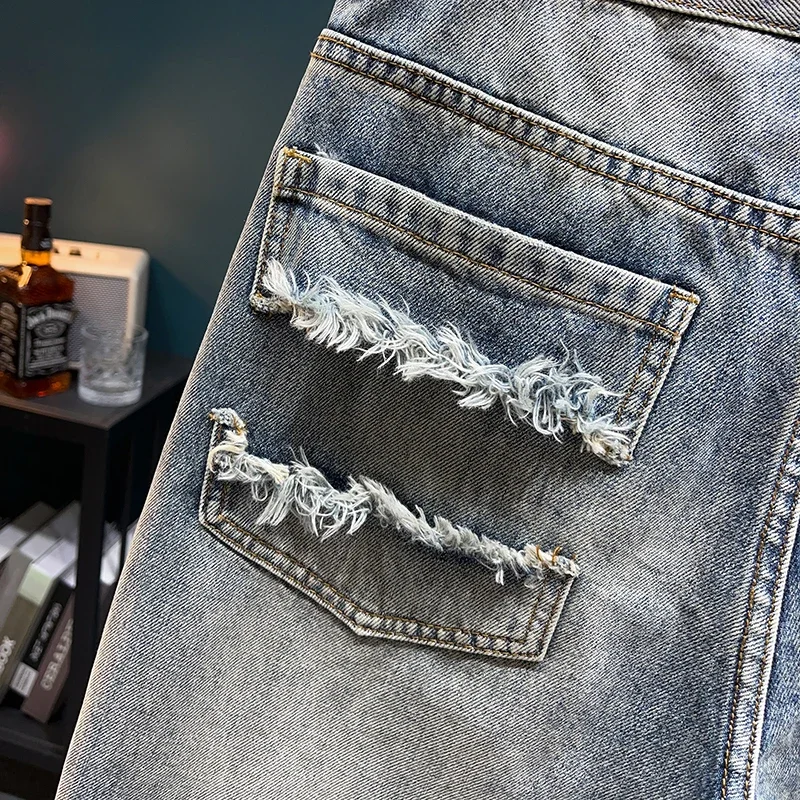 الكورية موضة ممزق رجالي الدنيم السراويل خمر الشارع الشهير الصيف عادية مستقيم السراويل الرجال ماركة الملابس الهيب هوب جينس قصير