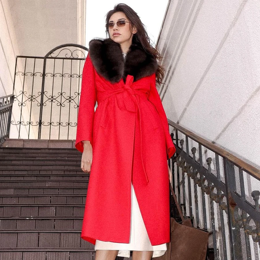 

Natural Fox Fur Collar Coat Women Red Winter New Cashmere Coat Best Selling Style Wool Blends Long Jacket Free Shiping