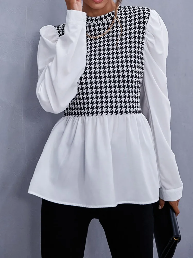 Women Elegant Houndstooth Shirt Fashion Ruffle Stitching Fluffy Long Sleeve Top Casual Chic Ladies Blouse Office Casual Shirts