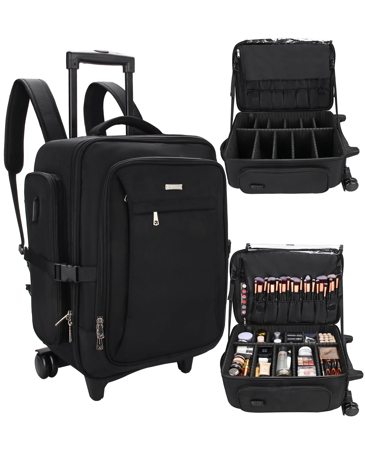 

Relavel Trolley Cosmetic Case Backpack Black, Makeup Artist Travel Case, 3 Layers Large Capacity Makeup Storage Bag