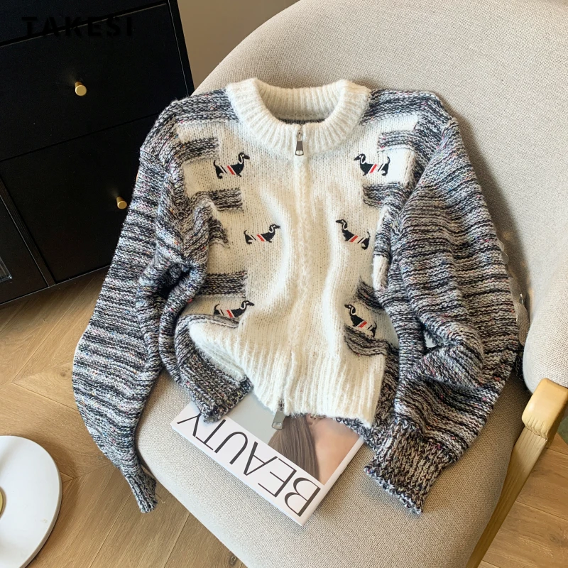 

Women Vintage Animals Print Knitting Long Sleeve O-Neck Cardigans 2023 Winter Korean Fashion Casual Zipper Patchwork Sweater