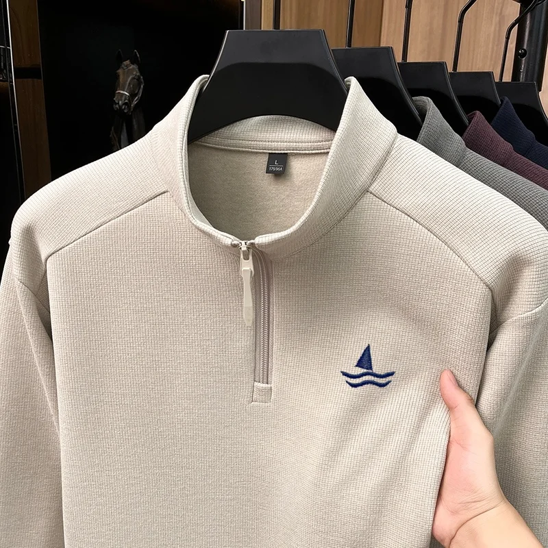 Autumn Winter New Men Half Zip Sweatshirt Waffle Knit Sailboat Embroidery Solid Color Casual Pullover For Daily Commute Outdoor